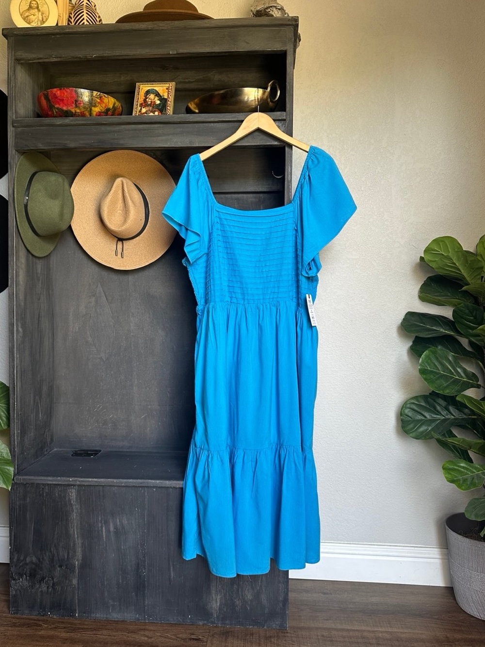 Womens Plus Size Midi Dress - Square Neck Pintuck Bodice Ruffle Hem 1X 16/18W